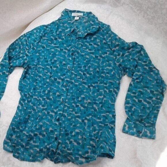 Coldwater Creek Longsleeve Lightweight No Iron Button Top Green Blue Gray Sz 14 - Picture 4 of 5